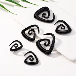 Black acrylic triangle spiral ear tapers and plugs body piercing jewelry set main view