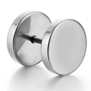 Close-up view of minimalist G23 titanium barbell ear studs featuring dual flat round discs.
