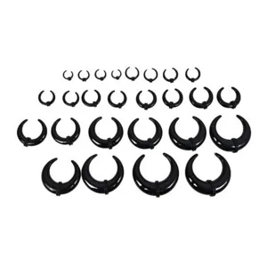 Black horn ear stretching tapers kit with rubber rings, body piercing expansion set for lobes.