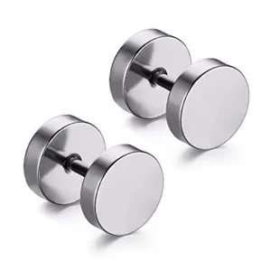 Detailed view of G23 titanium flat back barbell ear studs with minimalist round disc design.