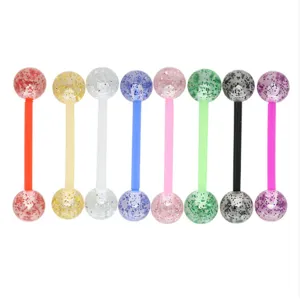 Set di 8 piercing per lingua e labbro con brillantini colorati asta morbida UV nuovo