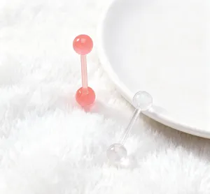 UV soft bar tongue ring body piercing jewelry set, clear and pink double ball design.
