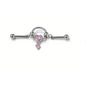Stainless steel industrial barbell body piercing jewelry with pink crystal heart charm.