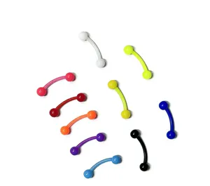 Close-up detail of colorful acrylic curved barbell body piercing jewelry in various vibrant hues.