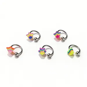 Stainless steel horseshoe body piercing ring with colorful acrylic star charm for lip and ear.