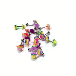 Colorful acrylic resin body piercing jewelry, detail shot showing mixed star and stripe eyebrow rings.