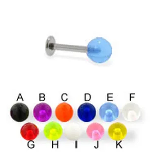 Stainless steel labret piercing stud detail showing multi-color acrylic replacement balls options.