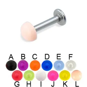 Close-up detail of stainless steel body piercing labret stud with colorful acrylic replacement ball.