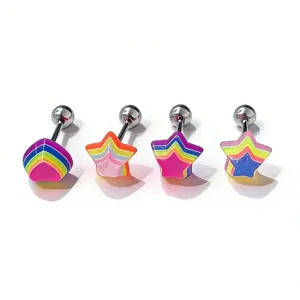 Acrylic Resin Colorful Star Heart Tongue Rings Stainless Steel Eyebrow Piercing Belly Button Rings Rainbow Stripe Body Jewelry For Unisex