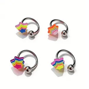 Stainless steel horseshoe barbell with colorful acrylic star body piercing jewelry set for use.