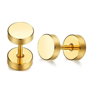 Stainless steel barbell stud earrings detail view, golden double round flat piercing jewelry.