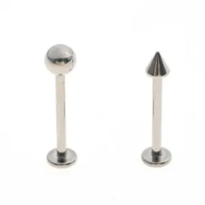 Titanium labret stud detail view, featuring flat back bar with ball and spike options.