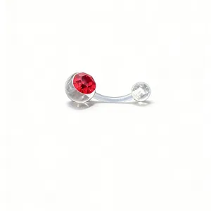 Clear acrylic belly ring detail shot, sparkling red crystal navel piercing body jewelry.