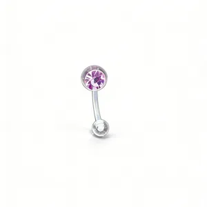 Stainless steel curved barbell navel ring with purple crystal gem belly button piercing jewelry