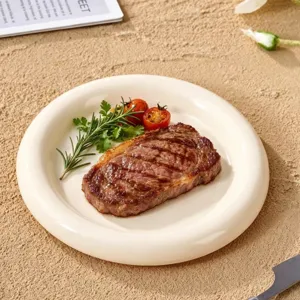 Assiette Plate en Céramique Moderne Minimaliste Bord Épais Dodu Blanc Crème Couleur Unie Assiette Ronde pour Dessert Salade Steak Vaisselle