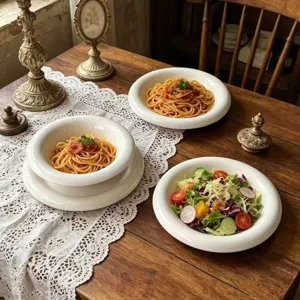 Platos Tazones Cerámica Blanco Crema Champiñón Borde Grueso Francés Vintage Cocina Vajilla Para Desayuno Ensalada Postre