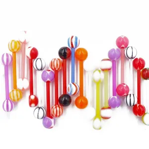 Vibrant colorful acrylic tongue rings with mixed patterns for body piercing jewelry display