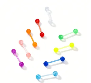 Detail view of colorful UV acrylic barbell tongue rings set for body piercing jewelry