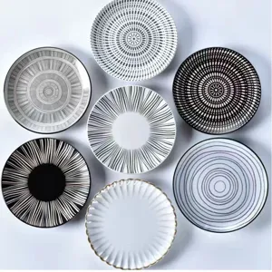 Ensemble d'assiettes en ceramique creative motif geometrique noir et blanc vaisselle