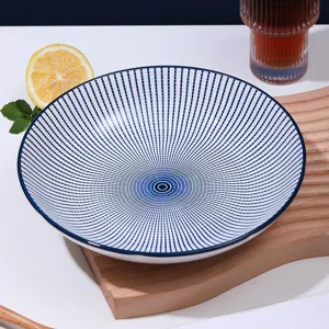 Assiette de diner en ceramique de style japonais avec motif radial pour cuisine maison.