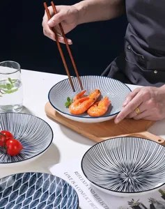 Set d'assiettes de diner en ceramique style japonais vaisselle a rayures bleues plat
