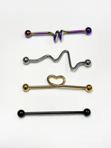Details of four stainless steel industrial barbell piercing jewelry pieces showing diverse designs.
