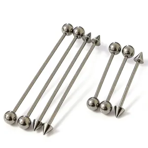 Titanium straight barbell body piercing jewelry detail showing multi size options balls spikes.