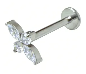 Detailed closeup of a titanium flower labret piercing jewelry featuring sparkling cubic zirconia.