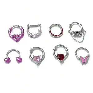 Stainless Steel Septum Nose Ring Clicker Hinged Heart Butterfly Rhinestone Body Piercing Jewelry Hoop Earring For Unisex Daily Decor