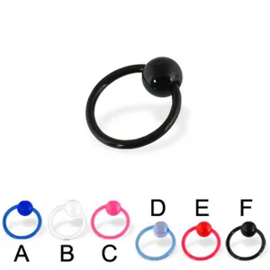Acrylic captive bead ring detail shot, showing colorful variants for nose, lip and ear piercing.