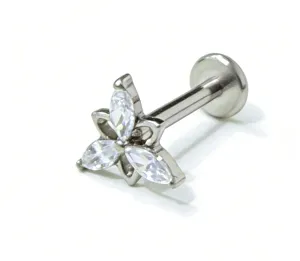 Detail view of F136 titanium labret piercing stud with marquise clear cubic zirconia flower.