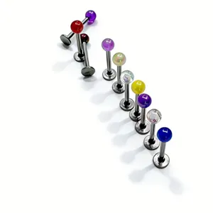 Stainless steel piercing body jewelry with colorful pearl balls, detailed view showing various colors.
