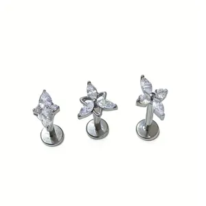Titanium labret stud piercing sparkling marquise cz crystal flower flat back cartilage