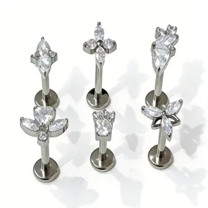 Titanium Alloy Rhinestone Lip Stud Geometric Flower Clover Body Piercing Jewelry Labret Ear Cartilage Piercing Stud For Unisex Daily Party