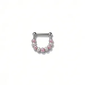 Silver septum ring hinged clicker body piercing jewelry with pink and white pearl beads.