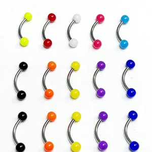 Stainless steel curved barbell body piercing jewelry set with colorful acrylic ball ends.