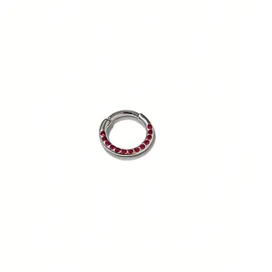 Close-up detail of hinged septum piercing ring featuring sparkling red stones and metal design.