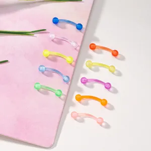 Colorful acrylic curved barbell eyebrow rings, flexible body piercing jewelry set main view.