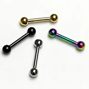 Stainless steel barbell tongue ring and cartilage piercing stud in multi-color electroplating.