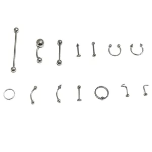 Stainless steel body piercing jewelry set, includes barbells, labret studs and nose rings.