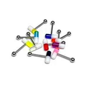 Gioiello piercing lingua capsula colorata bilanciere acciaio inox vista dettagliata