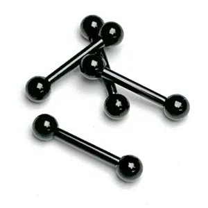 Close-up detail of black stainless steel barbell body piercing jewelry with round balls.