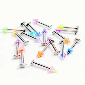 Colorful acrylic cone stainless steel body piercing barbell lip ring set closeup detail view.