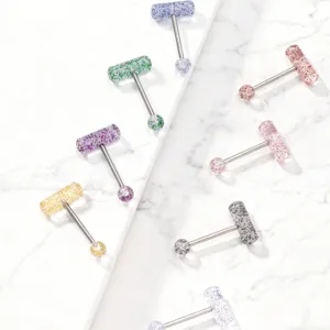 Stainless Steel Acrylic Glitter Sequin T-Shape Capsule Tongue Rings Fashion Unisex Body Piercing Jewelry Barbell Piercing
