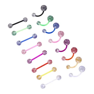 Detailed view of colorful acrylic glitter body piercing jewelry set with curved barbells.