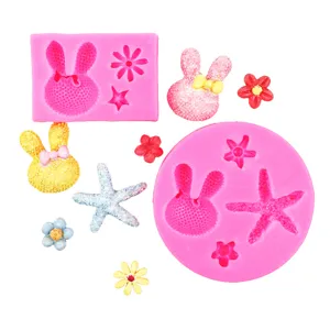 Silikonform Set mit süßem Hasenkopf Seestern und Blumen Formen zum Backen oder Basteln.