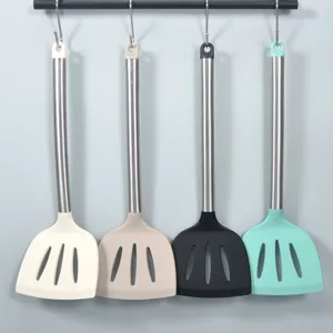 Silicone Big Slotted Turner Heat Resistant Cooking Spatula With Stainless Steel Tubular Handle Non Stick Frying Spatula Home Kitchen Utensil