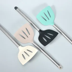 Silicone slotted spatula with stainless steel handle, heat resistant cooking kitchen tool set.
