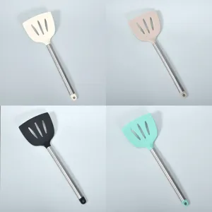 Stainless steel handle silicone slotted spatula kitchen cooking tool set in four colors.
