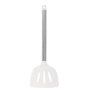 Silicone slotted spatula with stainless steel handle, heat-resistant cooking kitchen tool front view.